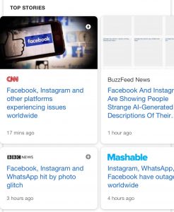 Social Media Down. Screenshots of day Twitter, Facebook, Whatsapp, and Instagram stop working.
