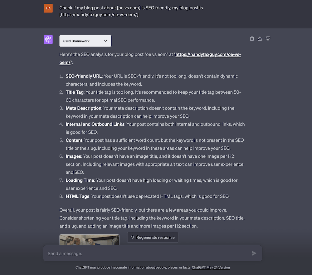 Bramework ChatGPT plugin prompt: Check if my blog post about [keyword] is SEO friendly, my blog post is [URL]