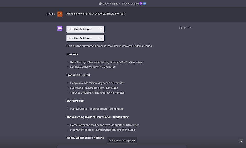 ThemeParkHipster ChatGPT wait times prompt: What is the wait time at Universal Studio Florida?