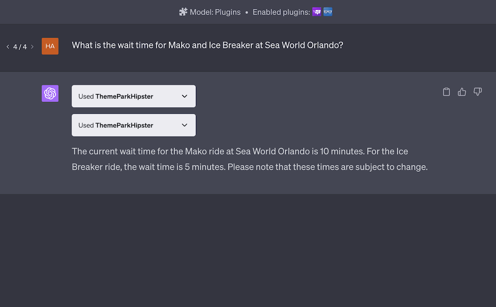 ThemeParkHipster ChatGPT wait times prompt: What is the wait time for Mako and Ice Breaker at Sea World Orlando?