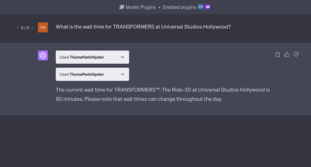 ThemeParkHipster ChatGPT wait times prompt: What is the wait time for TRANSFORMERS at Universal Studios Hollywood?