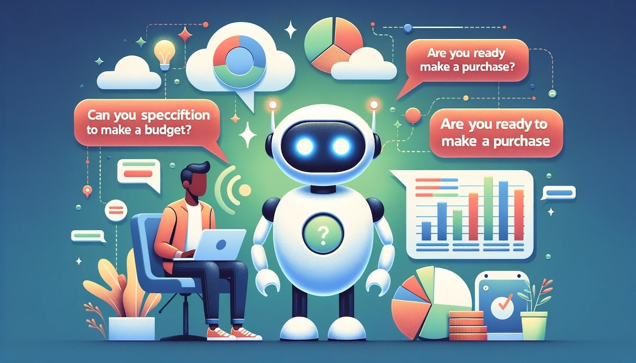 An image illustrating the process of how chatbots qualify leads. In the image, a chatbot is depicted interacting with a potential customer on a website. The chatbot is asking qualifying questions, analyzing the customer's responses, and scoring their likelihood to convert into a lead. This visual representation highlights the valuable role of chatbots in automating lead qualification and streamlining the sales process.