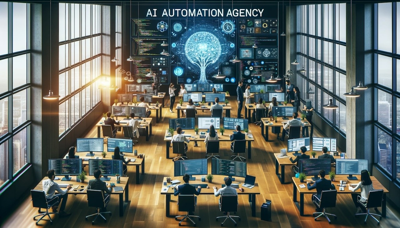 An overhead view of a team of professionals in a modern office, collaborating and working on cutting-edge technology projects. The image showcases the dynamic nature of an AI automation agency, emphasizing the keyword "AI automation agency" in the context of a diverse and skilled workforce.