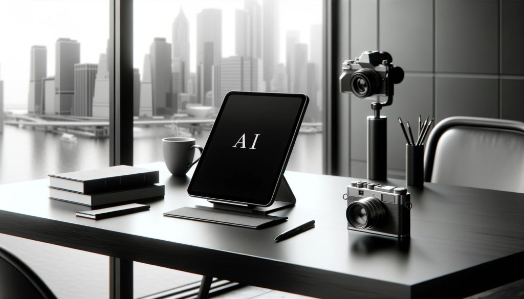 An black and white image of an tablet on a desk with the text AI on the screen.