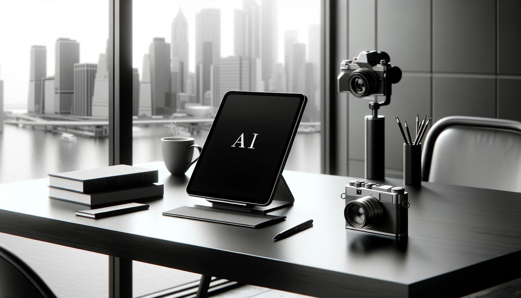 Here is the black and white wide image of a minimalist workspace at an AI automation agency, set up in a modern aesthetic with a sleek tablet on a stand, a camera, a cup of coffee, and a couple of hardcover books, near a window with a blurred cityscape background.