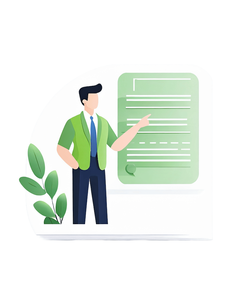 An illustration of a male professional in a blue suit presenting AI automation concepts on a large, floating interface screen, surrounded by subtle greenery, symbolizing the harmonious integration of technology and nature.