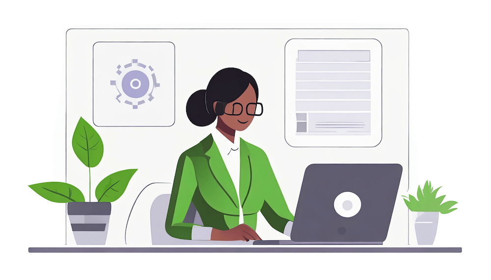 female professional working on a laptop in a modern office setting A focused female professional working on a laptop in a modern office setting, with the AI automation interface on the screen, flanked by indoor plants, reflecting the advanced workplace empowered by artificial intelligence.
