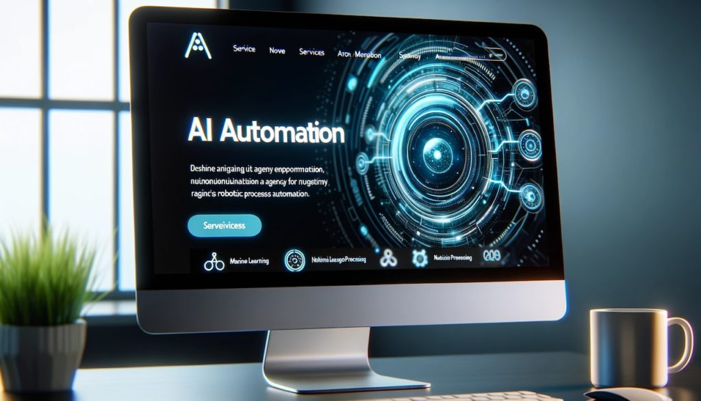 A close-up image of a computer screen showcasing a modern AI Automation Agency's visually appealing website, emphasizing the keyword "AI Automation Agency" in bold letters. The website features a sleek and innovative design with a futuristic touch, representing the cutting-edge technology and expertise offered by the agency. The homepage displays a range of services such as machine learning, natural language processing, and robotic process automation, further emphasizing the agency's specialization in AI automation.