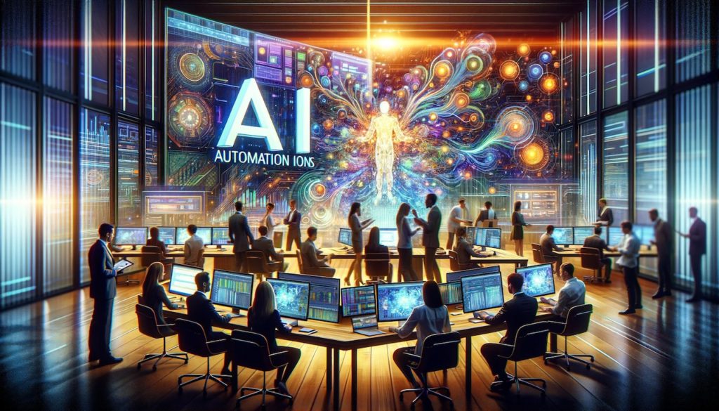 A vibrant and engaging image showcasing the fast-paced world of AI automation agencies. In the foreground, a group of professionals are gathered around a table, working collaboratively on cutting-edge technology. The image captures the essence of teamwork and innovation, as the individuals are seen brainstorming ideas and analyzing data. The room is filled with state-of-the-art equipment, including high-tech computers and large screens displaying complex algorithms. The vibrant colors and modern aesthetic reflect the high energy and dynamic nature of AI automation agencies.