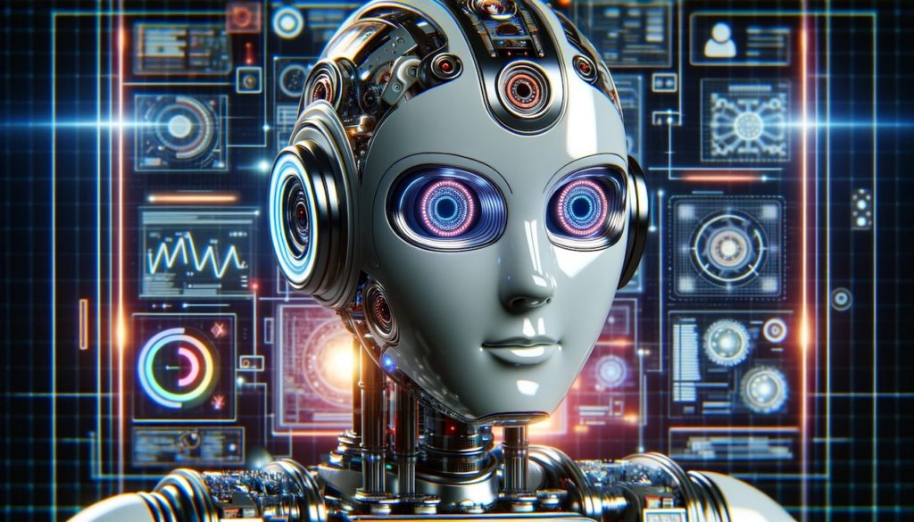 A close-up shot of a futuristic AI robot with metallic silver casing, showcasing advanced technological components and integrated circuits. This AI robot is surrounded by a plethora of digital interfaces, glowing with vibrant colors and displaying real-time data analytics. Through its expressive LED eyes, the robot symbolizes the cutting-edge technology employed by AI automation agencies, contributing to the efficiency and productivity of businesses across industries.