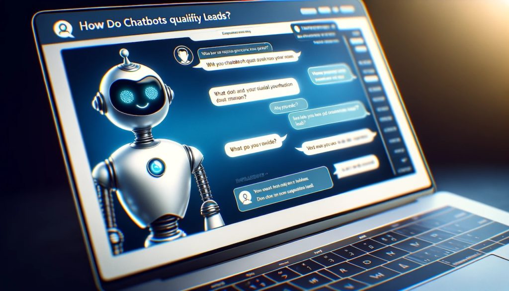 A laptop screen showing a chatbot interface with a conversation about how chatbots qualify leads.