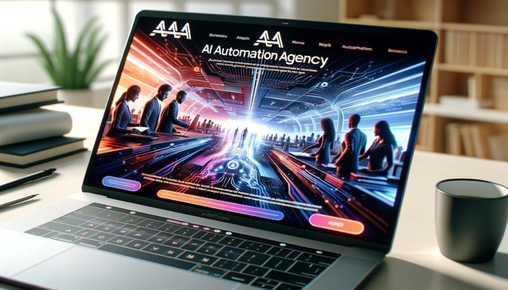 A close-up shot of a laptop screen displaying an AI automation agency's website homepage. The eye-catching design features a futuristic aesthetic with sleek lines and vibrant colors. The hero image prominently showcases a team of diverse professionals working collaboratively on projects. The agency's logo, featuring the letters "AAA" in bold and modern typography, is prominently displayed at the top left corner. The homepage showcases various AI-powered solutions and services offered by the agency, such as chatbots, voice assistants, and data analytics.