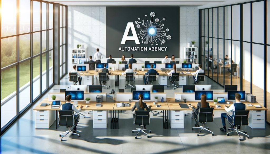 An overhead shot of a modern office space with employees sitting at desks, working on computers. The AI Automation Agency logo prominently displayed on the wall. The agency's team members are seen collaborating and utilizing advanced AI technologies to automate various business processes.