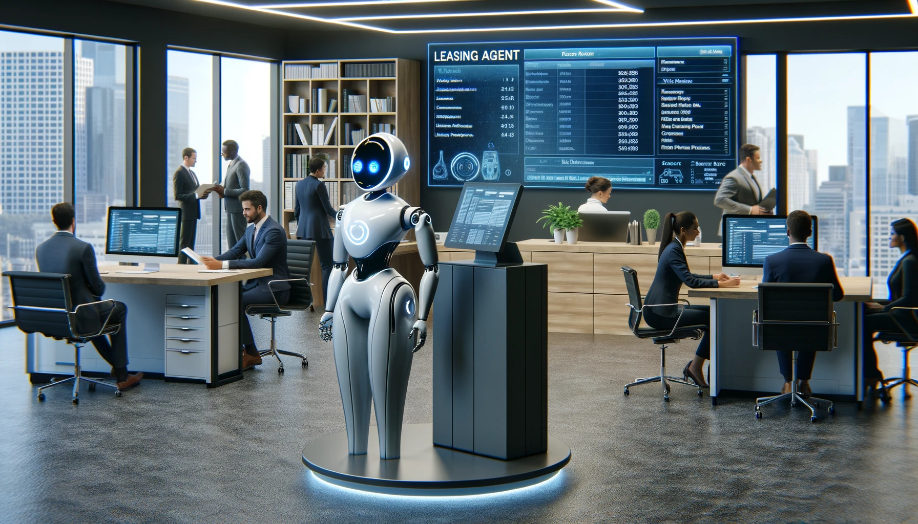 A modern office setting with a sleek AI leasing agent robot assisting customers with paperwork, showcasing how efficiency and workload reduction can be achieved in real estate management through advanced technology.